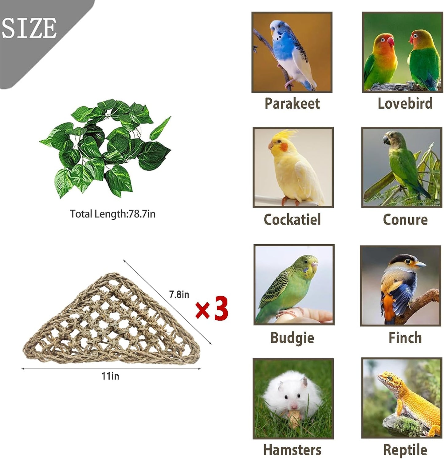 BNOSDM Bird Seagrass Mat, 3 PCS 7.1 x 7.1 Inches Parrot Natural Seagrass Woven Bird Net Hammock Mats Chew Toys Bird Hideout Cage Accessories for Lovebird Cockatiel Conure Budgie Hamster Rats