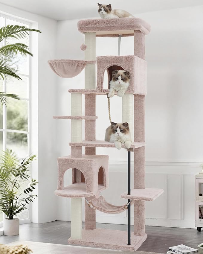 Cat Tree for Indoor Cats Large Adult, 70.5'' Cat Tower with Scratching Post, Sturdy Steel Pube Cat Tree Tower with Large Playing Platfrom, Hammock and Basket, Top Perch, Mushroom GCT024MU