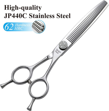 Fenice Peak 6.5‘’ Curved Thinning Dog Grooming Scissors with Jewelled Screw 440C Stainless Steel Pet Grooming Bulking Shears with Symmetrical Handle and Decorative Tail Nails Fluffy Scissors