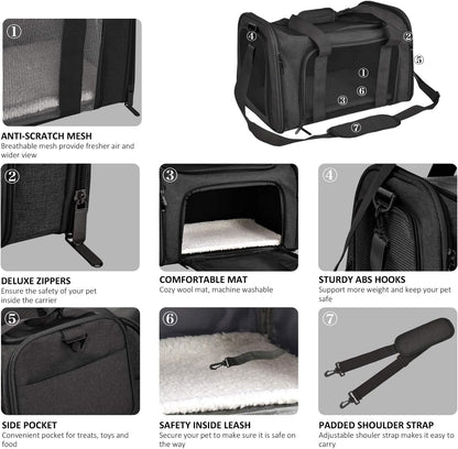 Cat Carriers Dog Carrier Pet Carrier for Small / Medium Cats Dogs Puppies (Up To 15lbs), TSA Airline Approved Small Dog Carrier Soft Sided, Collapsible Waterproof Travel Puppy Carrier -Black