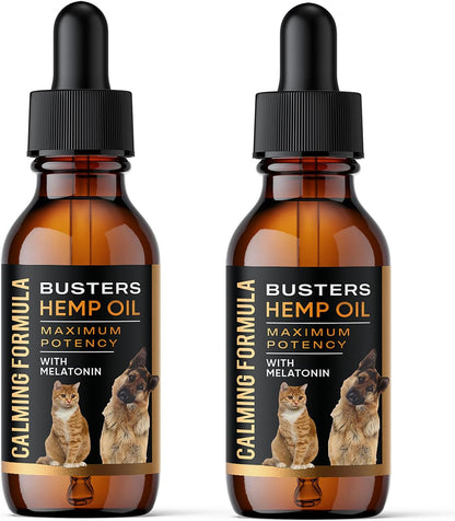 Busters 2Pack Calming Hemp Oil for Dogs, Cats, Infused with MELATONIN, Sleep Support, Soothing, Natural Relief, Ideal Omega Ratio, Adrenal Support (Calming Formula 2-Pack)