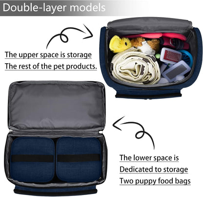 BAGLHER Pet Travel Bag, Double-Layer Pet Supplies Backpack (for All Pet Travel Supplies), Pet Travel Backpack with 2 Silicone Collapsible Bowls and 2 Food Baskets Dark Blue - Pawvie