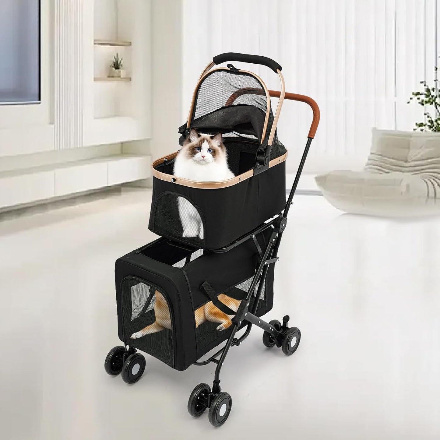 Foldable Pet Stroller for Small & Medium Dogs, Double Dog & Cat Stroller with 3-in-1 Travel System, Detachable Pet Carrier with Wheels for Cats and Dogs up to 77 lbs, Black - Pawvie