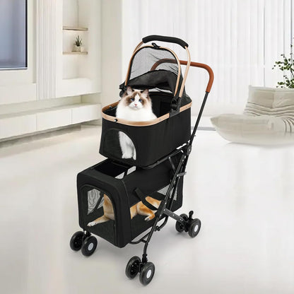 Foldable Pet Stroller for Small & Medium Dogs, Double Dog & Cat Stroller with 3-in-1 Travel System, Detachable Pet Carrier with Wheels for Cats and Dogs up to 77 lbs, Black - Pawvie