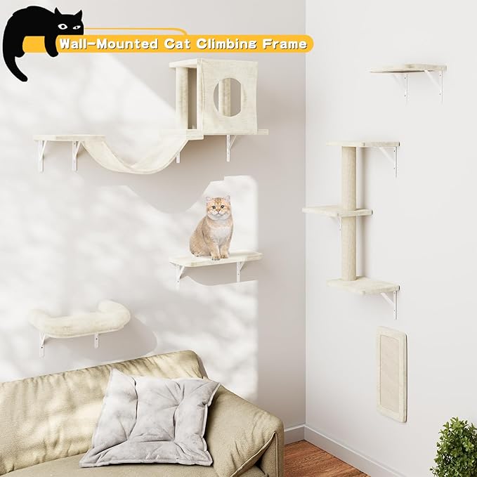 NUNU LAB Wall Mounted Cat Wall Shelves, 12-in-1 Cat Wall Climber with Condos House, Scratching Post, Bridge Ladder, Indoor Space-Saving Furniture for Kittens Play, Beige