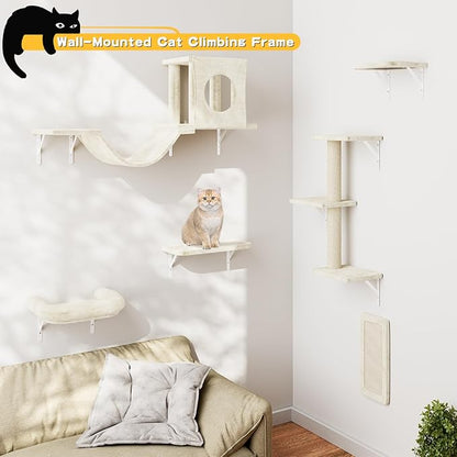 NUNU LAB Wall Mounted Cat Wall Shelves, 12-in-1 Cat Wall Climber with Condos House, Scratching Post, Bridge Ladder, Indoor Space-Saving Furniture for Kittens Play, Beige