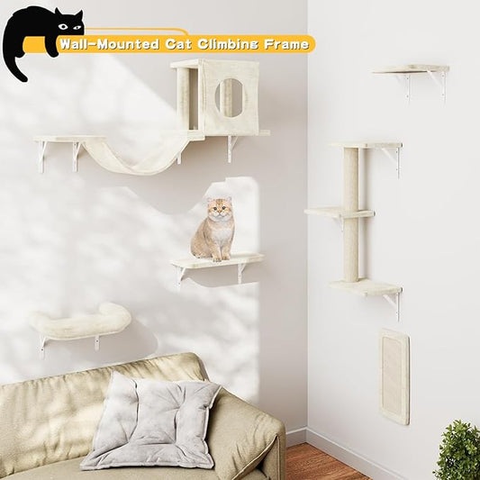 6-in-1 Cat Wall Shelves, Wooden Climbing Wall with Scratching Post, Wall Mounted Cat Furniture for Climbers, Space-Saving Cat Wall for Play & Rest, Drywall & Solid Walls