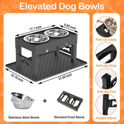 Elevated Dog Bowls with Mat, Raised Dog Food Bowl Stand with 2 Stainless Steel Bowls, 5 Height Adjustable (3.1", 9", 10", 11", 12") Non-Slip Feeder Set for Medium and Large Dogs – Black