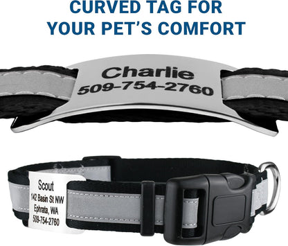 GoTags Reflective Personalized Dog Collar with Nameplate, Adjustable Dog Collar with Custom Engraved Steel Slide On Pet ID Tag, Silent, No Noise Dog Tag for Large Medium or Small (Black, Medium)
