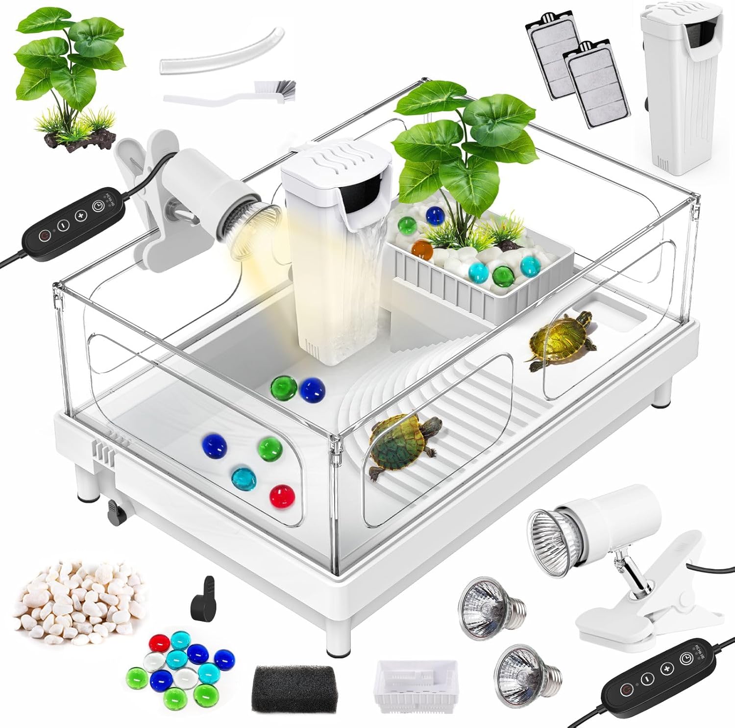 GOZILLA Small Turtle Tank Kit(Tank+Lamp+Filter), Acrylic Turtle Starter Kit with Adjustable Lamp, Reptile Habitat and Terrarium with Multi-Functional Areas for Small Reptiles. (White Kit) - Pawvie