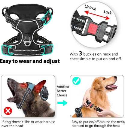 Timos No Pull Dog Harness, Release at Neck Reflective 3 Snap Buckles Adjustable No Choke Pet Vest with Front & Back 2 Leash Clips, Soft Padded Control Training Handle for Small Medium Large Dogs