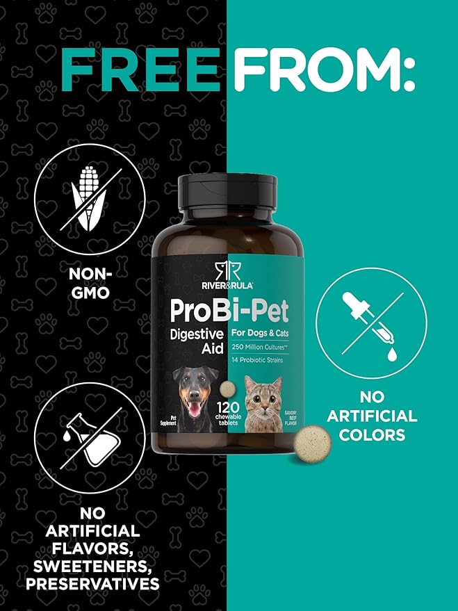 Horbaach Probiotics for Dogs & Cats | Digestive Health Pet Supplement | 120 Chewable Tablets | with 14 Probiotic Strains | Savory Beef Flavor | by River & RULA