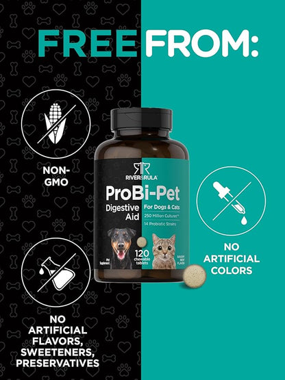 Horbaach Probiotics for Dogs & Cats | Digestive Health Pet Supplement | 120 Chewable Tablets | with 14 Probiotic Strains | Savory Beef Flavor | by River & RULA
