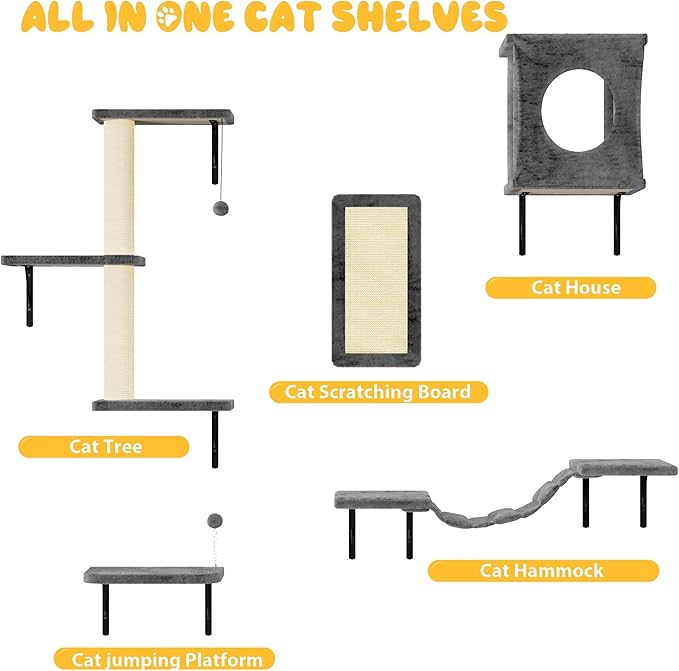 10-in-1 Cat Wall Shelves, Wooden Cat Climbing Wall with Scratching Post, Cat Wall Mounted Furniture for Climbers, Space-Saving Cat Wall for Play & Rest, Drywall & Solid Walls
