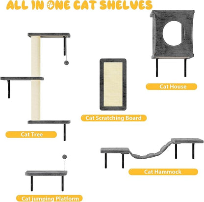10-in-1 Cat Wall Shelves, Wooden Cat Climbing Wall with Scratching Post, Cat Wall Mounted Furniture for Climbers, Space-Saving Cat Wall for Play & Rest, Drywall & Solid Walls