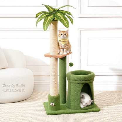 Cat Tree Tower Scratching Post Stand for Indoor, 41" Compact Palm Tree Kitten House Condo with Cozy Bed for Small Cats, Space Saving Design, Supports Climber Scratch Playing and Rest