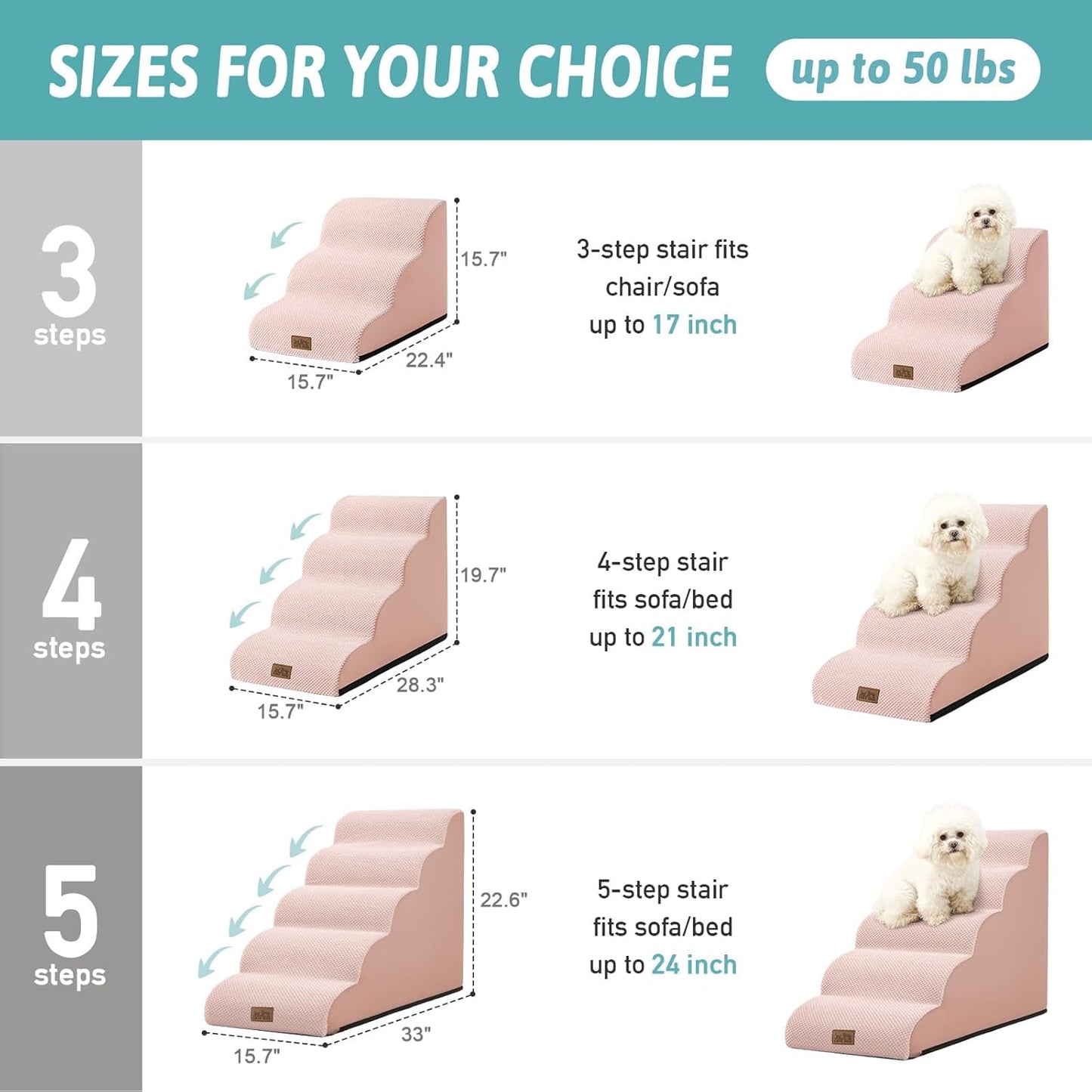 Dog Stairs for Small Dogs 19.7" H, Curved Dog Step for Puppy, Older or Cat, Medium Pet Ramp for Sofa, Couch or Bed, Ladder with High Density Foam, 15.7x28.3x19.7 inch, 4 Step, Pink - Pawvie
