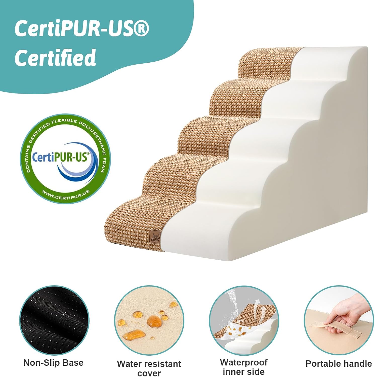 Dog Stairs for High Bed 22.6" H, Small Dog Step for Puppy, Older or Cat, Curved Ramp for Car, Ladder with High Density Foam, Lightweight, Durable, 15.7x33x22.6 inch, 5 Step, Light Brown - Pawvie