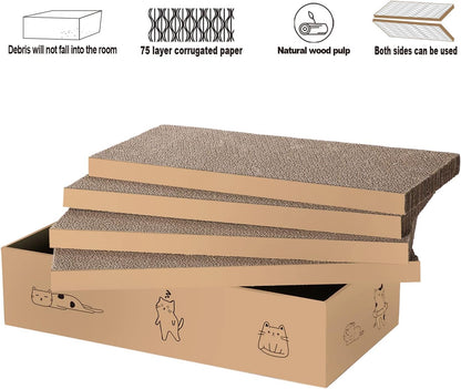 4 Packs in 1 Cat Scratch Pad with Box, Cat Scratcher Cardboard,Reversible,Durable Recyclable Cardboard, Suitable for Cats to Rest, Grind Claws and Play with Scratch Box