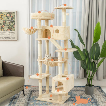 73 inches Large Cat Tree for Indoor Cats, Tall Cat Tower with Sisal Scratching Posts and Pads, Padded Plush Perch, Cozy Basket, Plush Condo for Large Cats (Beige)