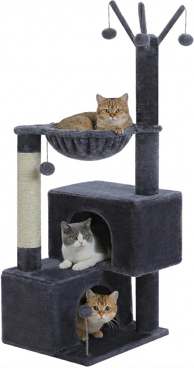 Cat Tree 45" for Indoor Cats, Compact Cat Tower with 2 Condos, Hammock Bed & 5 Hanging Ball Toys, Space-Saving Sturdy Cat Condo Furniture for Kittens & Small-Medium Cats