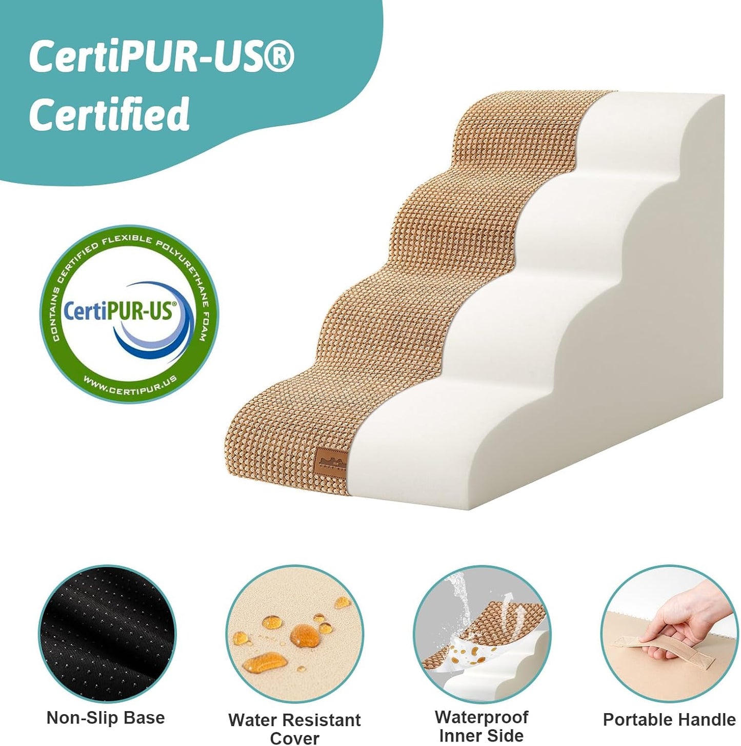 Dog Stairs for Small Dogs 19.7" H, Curved Dog Step for Puppy, Older or Cat, Medium Pet Ramp for Sofa, Couch or Bed, Ladder with High Density Foam, 15.7x28.3x19.7 inch, 4 Step, Light Brown - Pawvie