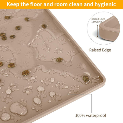 Ptlom Silicone Dog Food Mat Waterproof Pet Feeding Mat with High-Lips, Anti-Slip Dog Bowl Mat for Food & Water, Non-Spill Puppy Feeding Tray for Small, Medium & Large Dogs and Cats, Taupe