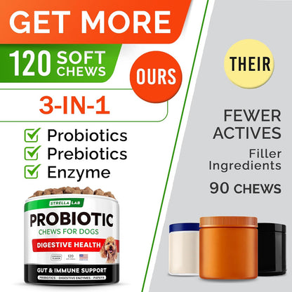 STRELLALAB Pet Probiotics for Dogs & Digestive Enzymes + Digestion & Gut Health Treats, Dog Probiotics Chews, Fiber Supplement, Anti Diarrhea, Constipation, Upset Stomach&Gas Relief, Canine Prebiotic