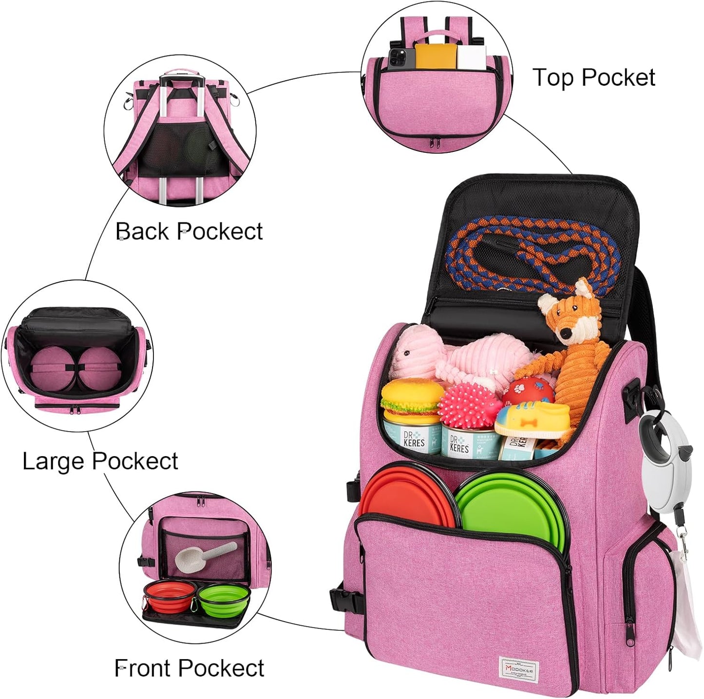 Modoker Dog Travel Bag Backpack, Airline Approved Pet Accessories Organizer for Dog and Cat with Shoulder Strap, 2 Dog Food Storage Containers, 2 Collapsible Dog Bowls,1 Pet Mat, Pink - Pawvie