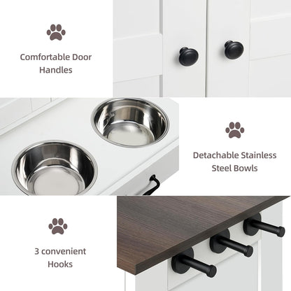 Pet Feeding Station, Dog Feeding Station, Dog Food Storage Cabinet, Pet Food Toy Organiser with 2 Elevated Bowls and Hook for Feeding and Drinking, White