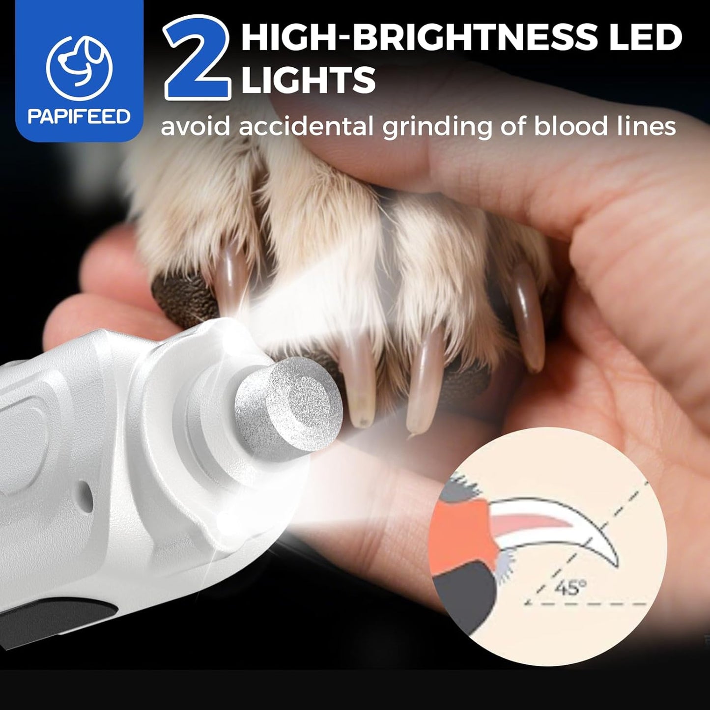 PAPIFEED High Torque Dog Nail Grinder Quiet - 6-Speed Adjustable Dog Nail Trimmers with 2 LED Lights & Dust-Proof Cover, Powerful Motor for Large/Medium/Small Dogs & Cats, Rechargeable - White