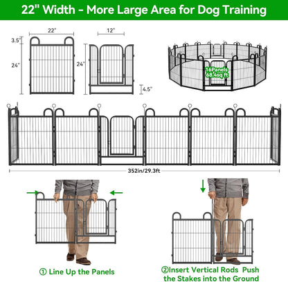 Puppy Playpen 16 Panels Small Dog Fence Outdoor Indoor Use 24" Height Anti-Rust with Doors Portable Dog Play Pen for RV Camping Yard, Total 29FT, 68 Sq.ft, Snowy Black