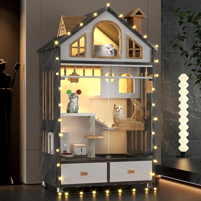 Wooden Cat House Indoor Cats Villa on Wheels, Large Space Cat Cage with Scratching Post, Multi-Feature Enclosed Cat Condo with Cat Litter Box Drawer, 63" X 35" X 24"