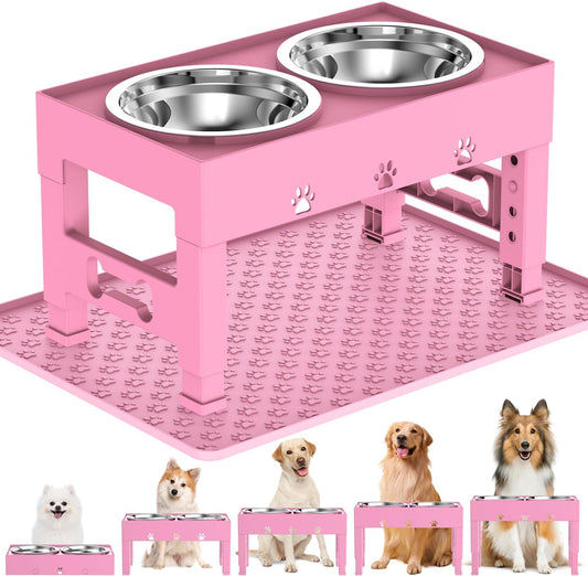Elevated Dog Bowls with Mat, Raised Dog Food Bowl Stand with 2 Stainless Steel Bowls, 5 Height Adjustable (3.1", 9", 10", 11", 12") Non-Slip Feeder Set for Medium and Large Dogs – Pink