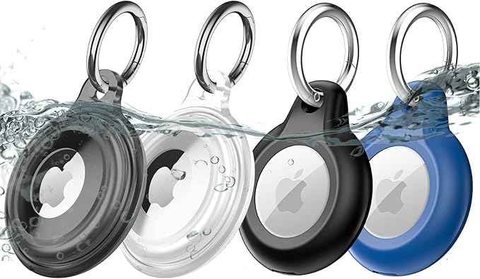 4 Pack IPX8 Waterproof Compatible with AirTag Keychain Holder Case,Lightweight, Anti-Scratch,Easy Installation,Soft Full-Body Shockproof for Luggage,Keys,Dog Collar(Clear/Black/Black/Blue)