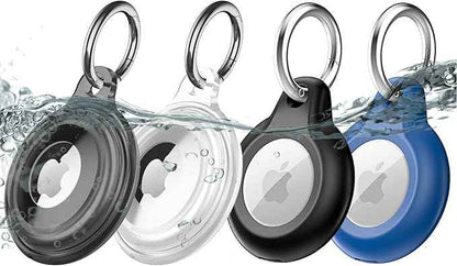 4 Pack IPX8 Waterproof Compatible with AirTag Keychain Holder Case,Lightweight, Anti-Scratch,Easy Installation,Soft Full-Body Shockproof for Luggage,Keys,Dog Collar(Clear/Black/Black/Blue)