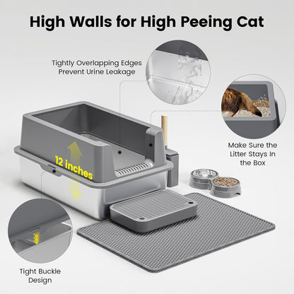 Stainless Steel Cat Litter Box - Enclosed XL Metal Kitty Litter Box with Lid for Big Cats, High Sided, Anti-Leakage, Easy Cleaning, Non-Sticky, Included Litter Mat, Cat Bowl & Spoon