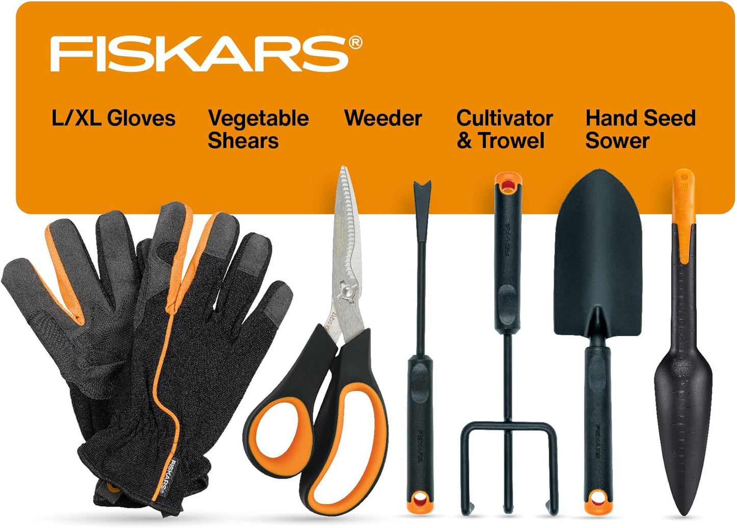 Fiskars Vegetable Garden Tool Set with Vegetable Shears, Seed Sower, Trowel, Cultivator, Weeder, and L/XL Garden Gloves for Indoor or Outdoor Gardening (6 Piece Kit), Gardening Gifts for Women