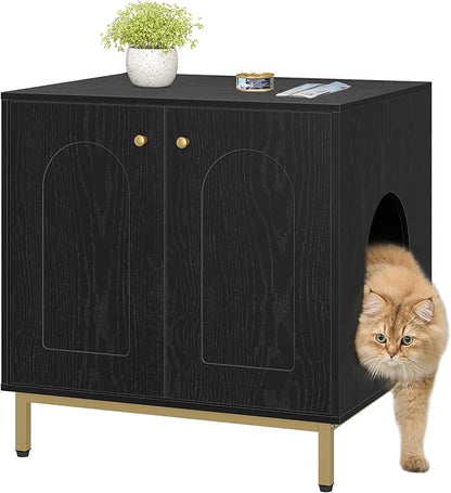 Cat Litter Box Enclosure, Hidden Litter Box Furniture Cabinet, Wooden Indoor Cat House, Side End Table, Living Room, Bedroom, Black and Gold CB81204G