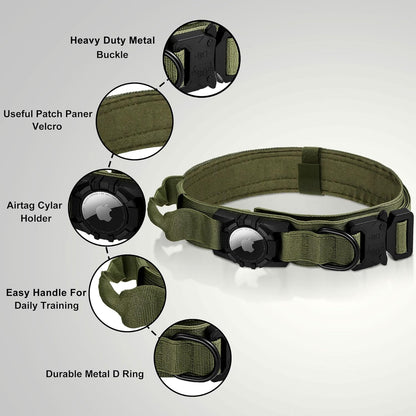 Tactical AirTag Dog Collar - Heavy Duty, Adjustable GPS Collar Compatible with Apple AirTag, with Holder & Control Handle for Medium/Large Dogs [ Green, L ]