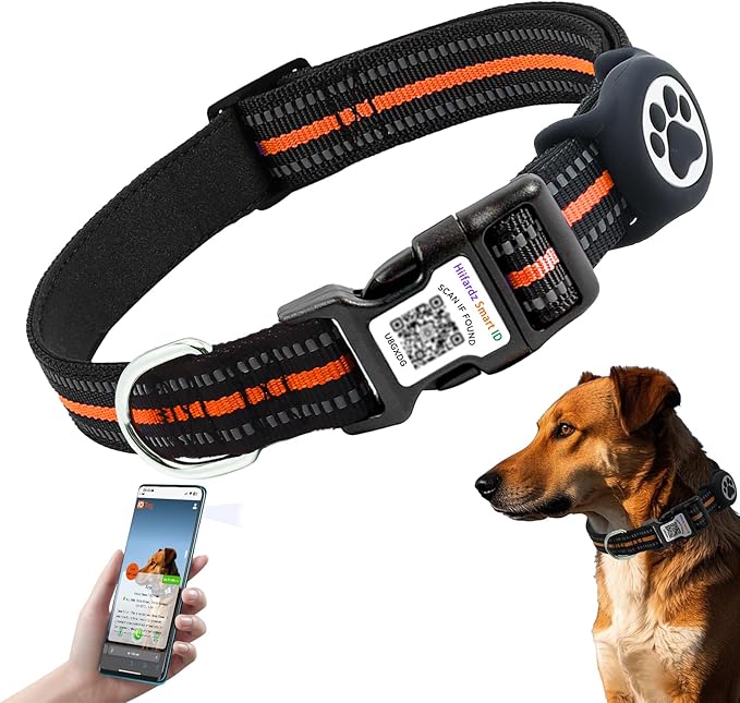 Airtag Dog Collar with QR Code Tag - Reflective Adjustable Nylon Collar, Quick Release Buckle for Small Medium Large Dogs, Comfortable Padded Lining (Orange, S)
