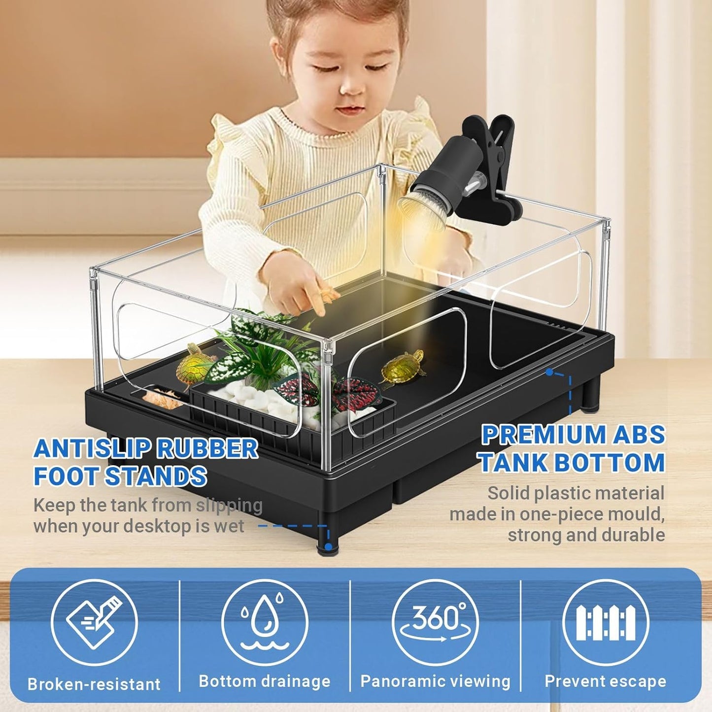 GOZILLA Small Turtle Tank with Adjustable Lamp, Acrylic Turtle Tank Starter Kit, Reptile Habitat and Terrarium with Multi-Functional Areas for Tortoise, Crab, Crayfish, Small Reptile.(Tank+Lamp) - Pawvie