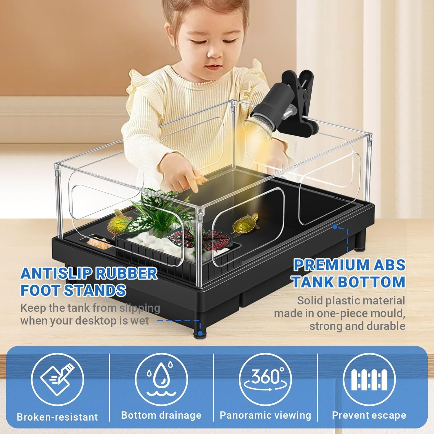 GOZILLA Small Turtle Tank with Adjustable Lamp, Acrylic Turtle Tank Starter Kit, Reptile Habitat and Terrarium with Multi-Functional Areas for Tortoise, Crab, Crayfish, Small Reptile.(Tank+Lamp) - Pawvie