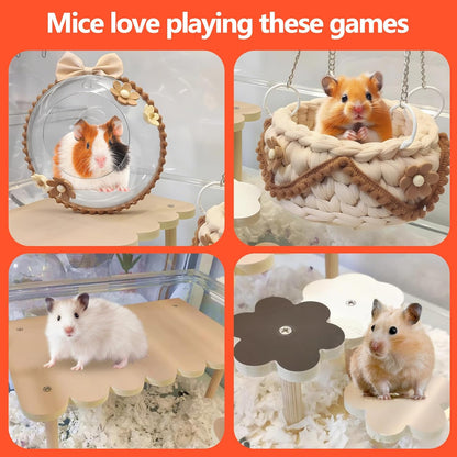 4-Pack Wooden Rat Cage Accessories - Platforms, Ladders & Hammocks Set for Chinchillas, Hamsters, Gerbils (for Iron/Wooden, Acrylic Hamster Cages + Customizable Layout) (9.1x5.6x4.3)