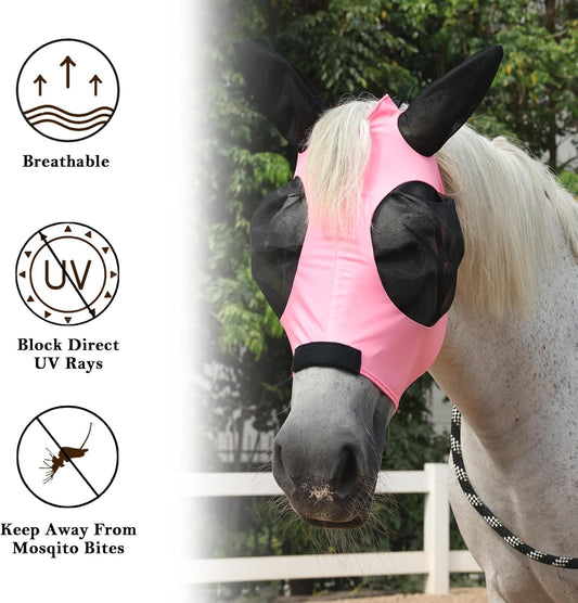 Horse Fly Mask with Ears - Large Eye Space for Full Vision, Breathable Stretch Comfort Fit, UV Protection, Forelock Opening, Easy Pull-On Pink Full