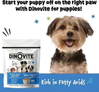 Dinovite 3 in 1 Probiotic for Puppies, Skin & Coat, Digestive Health & Joint Relief, Dog Food Toppers, Salmon Oil, Glucosamine, Allergy Relief & Itch Relief Skin Care, 90 Servings (Puppy)