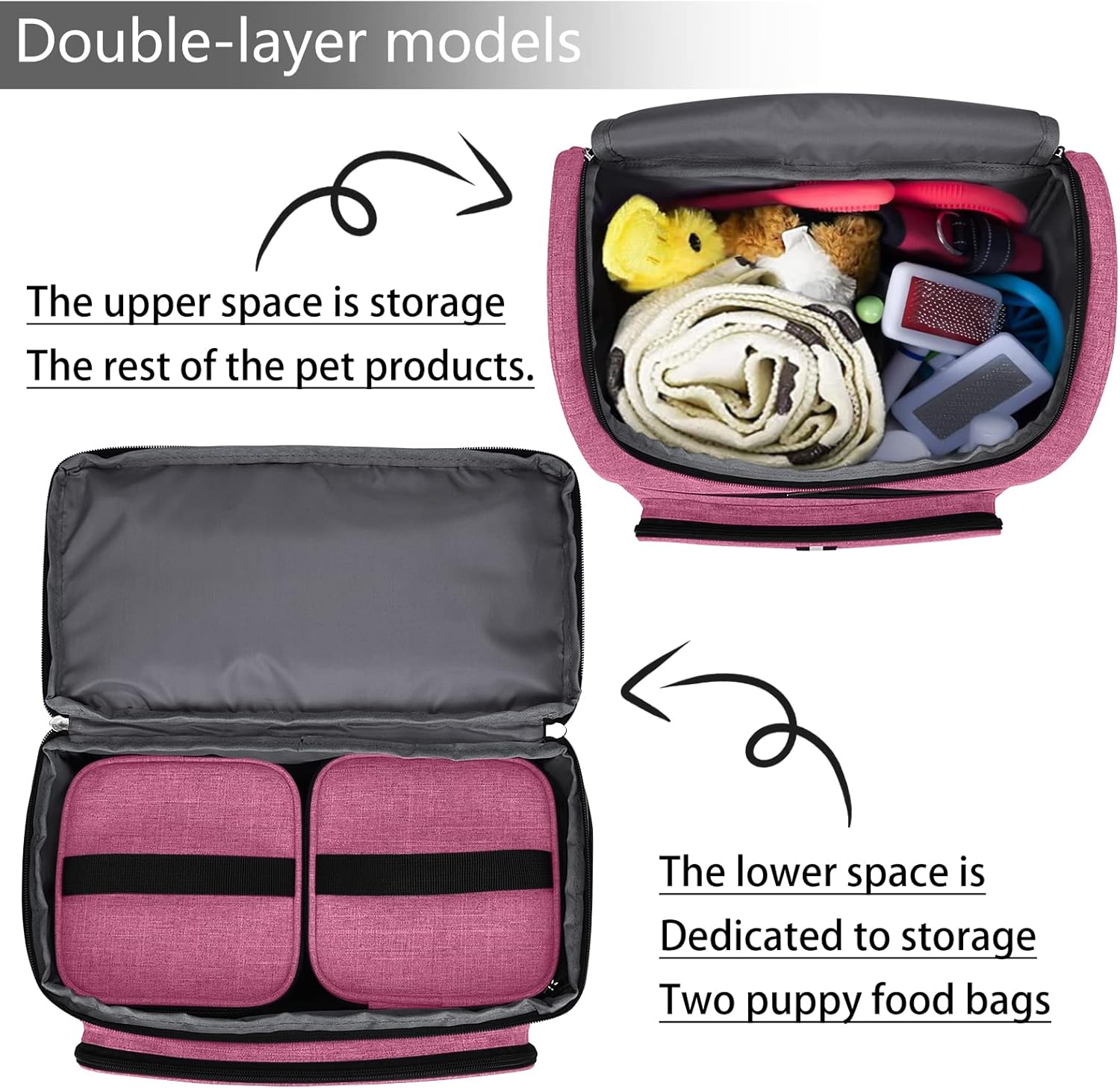 BAGLHER Pet Travel Bag, Double-Layer Pet Supplies Backpack (for All Pet Travel Supplies), Pet Travel Backpack with 2 Silicone Collapsible Bowls and 2 Food Baskets Pink - Pawvie
