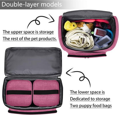 BAGLHER Pet Travel Bag, Double-Layer Pet Supplies Backpack (for All Pet Travel Supplies), Pet Travel Backpack with 2 Silicone Collapsible Bowls and 2 Food Baskets Pink - Pawvie