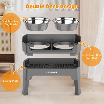 URPOWER 3-in-1 Elevated Dog Bowls - Mess Proof Double Deck 4 Height Adjustable Raised Stand with 2 Stainless Steel Food Bowls & Licking Plate for Small, Medium & Large Dogs