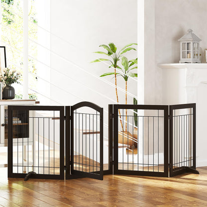 SPIRICH 96-inch Extra Wide 30-inches Tall Dog Gate with Door Walk Through, Freestanding Wire Pet Gate for The House, Doorway, Stairs, Pet Puppy Safety Fence, Support Feet Included(Espresso)